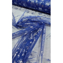 Tule com Glitter Fantasy Borboletas Azul Royal