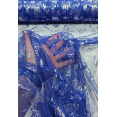 Tule com Glitter Fantasy Borboletas Azul Royal