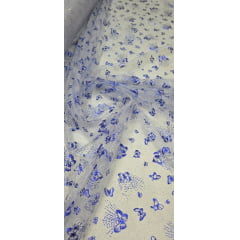 Tule com Glitter Fantasy Borboletas Branco com Azul Royal