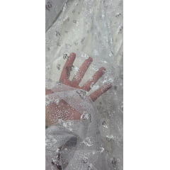 Tule com Glitter Fantasy Borboletas Branco com Prata