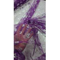 Tule com Glitter Fantasy Borboletas Fucsia