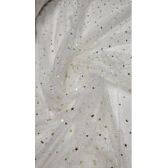 Tule com Glitter Fantasy STAR Branco com Dourado