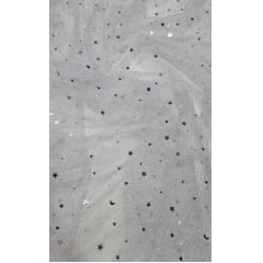 Tule com Glitter Fantasy STAR Branco com Prata