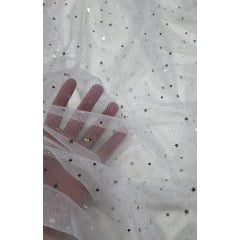 Tule com Glitter Fantasy STAR Branco com Prata