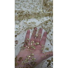 Tule Nude com Glitter e Paete Flores Dourado
