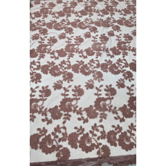Tule Bordado Floral Opaco Marrom
