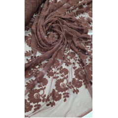 Tule Bordado Floral Opaco Marrom