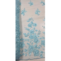 Tule Bordado Primavera 3D com Pérolas ST26 Azul Claro