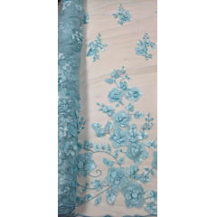 Tule Bordado Primavera 3D com Pérolas ST26 Azul Claro Tule Bordado Primavera 3D com Pérolas ST26 Azul Claro
