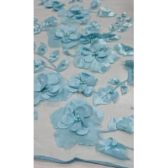 Tule Bordado Primavera 3D com Pérolas ST26 Azul Claro