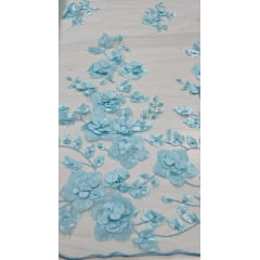 Tule Bordado Primavera 3D com Pérolas ST26 Azul Claro