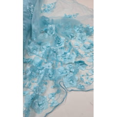 Tule Bordado Primavera 3D com Pérolas ST26 Azul Claro