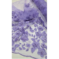 Tule Bordado Primavera 3D com Pérolas ST26 Lilás