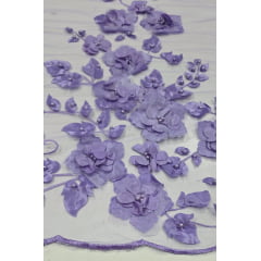 Tule Bordado Primavera 3D com Pérolas ST26 Lilás