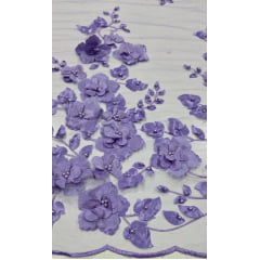 Tule Bordado Primavera 3D com Pérolas ST26 Lilás