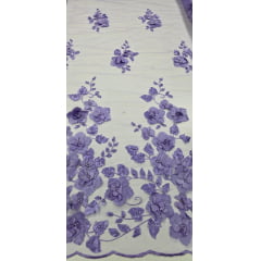 Tule Bordado Primavera 3D com Pérolas ST26 Lilás