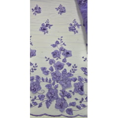 Tule Bordado Primavera 3D com Pérolas ST26 Lilás