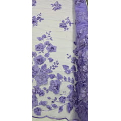 Tule Bordado Primavera 3D com Pérolas ST26 Lilás