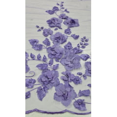 Tule Bordado Primavera 3D com Pérolas ST26 Lilás