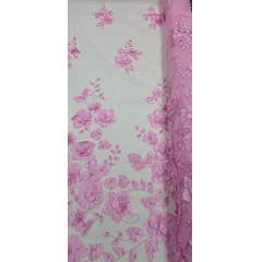 Tule Bordado Primavera 3D com Pérolas ST26 Rosa