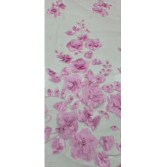 Tule Bordado Primavera 3D com Pérolas ST26 Rosa