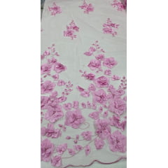 Tule Bordado Primavera 3D com Pérolas ST26 Rosa