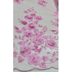 Tule Bordado Primavera 3D com Pérolas ST26 Rosa