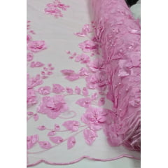 Tule Bordado Primavera 3D com Pérolas ST26 Rosa
