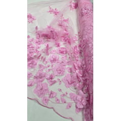 Tule Bordado Primavera 3D com Pérolas ST26 Rosa
