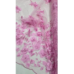 Tule Bordado Primavera 3D com Pérolas ST26 Rosa