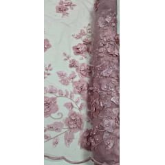 Tule Bordado Primavera 3D com Pérolas ST26 Rosê Tule Bordado Primavera 3D com Pérolas ST26 Rosê