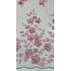 Tule Bordado Primavera 3D com Pérolas ST26 Rosê