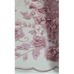 Tule Bordado Primavera 3D com Pérolas ST26 Rosê