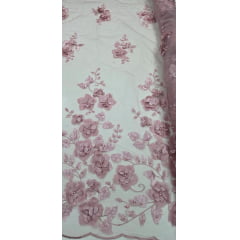 Tule Bordado Primavera 3D com Pérolas ST26 Rosê