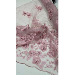 Tule Bordado Primavera 3D com Pérolas ST26 Rosê