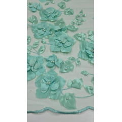 Tule Bordado Primavera 3D com Pérolas ST26 Verde Menta