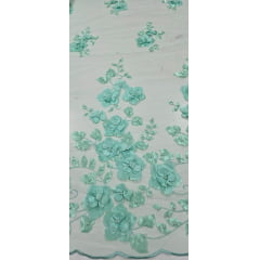Tule Bordado Primavera 3D com Pérolas ST26 Verde Menta
