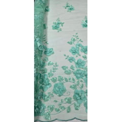 Tule Bordado Primavera 3D com Pérolas ST26 Verde Menta