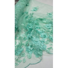 Tule Bordado Primavera 3D com Pérolas ST26 Verde Menta