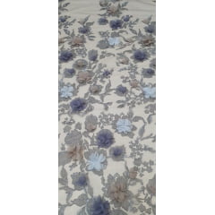 Tule Bordado Primavera 3D Fundo Kaki e Flores em Azul