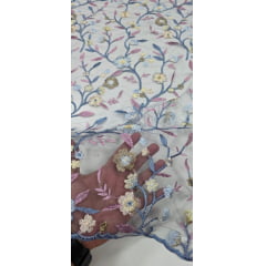 Tule Bordado Primavera Multicolor Azul Jeans