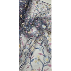 Tule Bordado Primavera Multicolor Azul Jeans