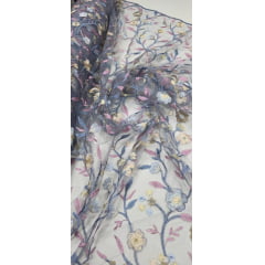 Tule Bordado Primavera Multicolor Azul Jeans