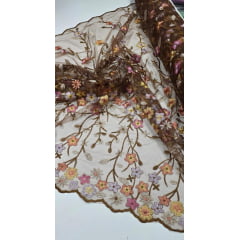 Tule Bordado Primavera Multicolor Marrom