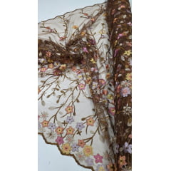 Tule Bordado Primavera Multicolor Marrom