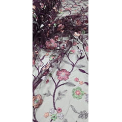 Tule Bordado Primavera Multicolor Roxo