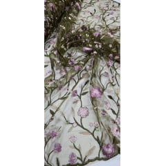 Tule Bordado Primavera Multicolor Verde Oliva