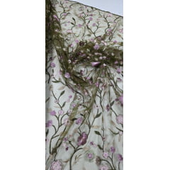 Tule Bordado Primavera Multicolor Verde Oliva