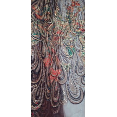 Organza Bordado Jacquard com Pedrarias Premium Marsala Multicolor HT72872