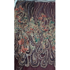 Organza Bordado Jacquard com Pedrarias Premium Marsala Multicolor HT72872